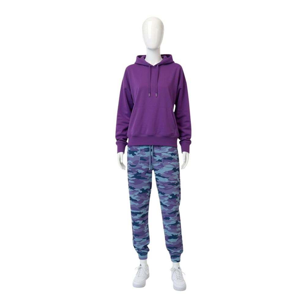 ZYIA Active Cozy Athleisure Set Plum Funnel Neck Hoodie XL Camo Pants M